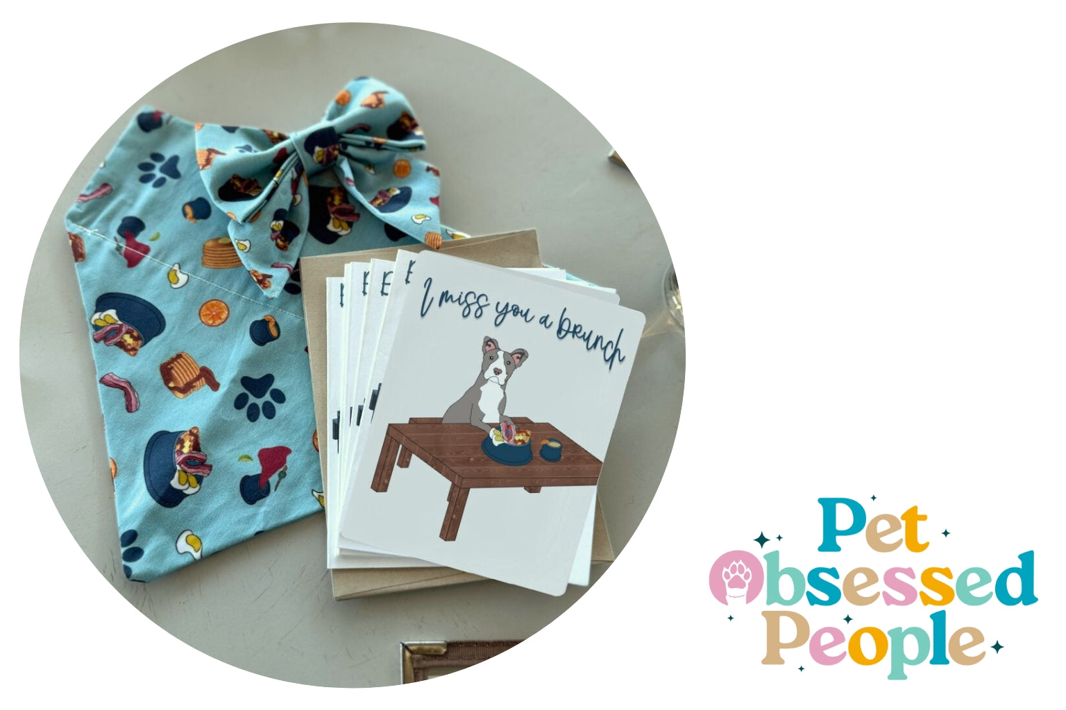 dog bandana, bow tie and notecards with a dog brunch motif