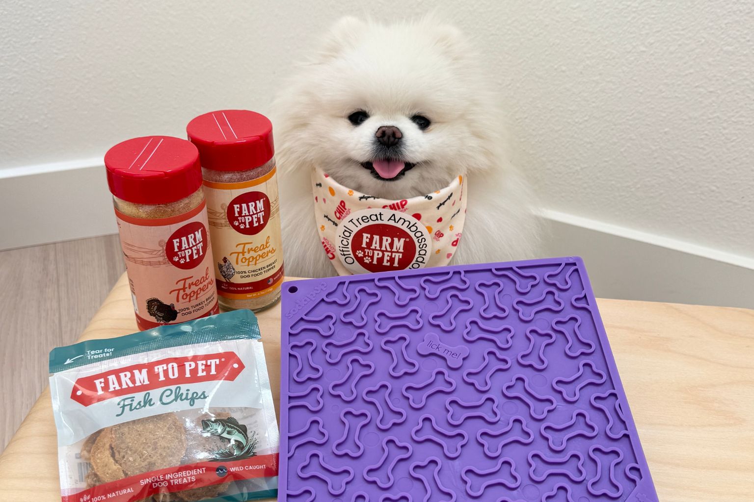 fluffy white dog with a purple lick mat and farm to pet treat and meal toppers